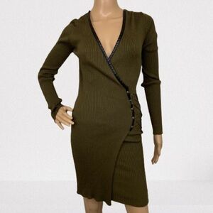 Say What Dark Green Ribbed Bodycon Dress With Faux Leather Trim Size M